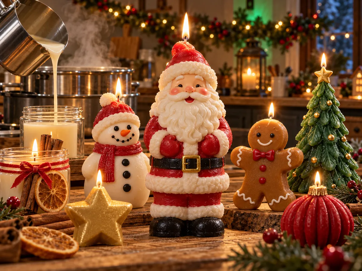 Velas de Natal artesanais prontas ao lado de uma jarra de cera derretida